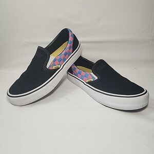 Vans Skate T&C Surf Design Slip On Mens 7.5 / Womens 9 Black Suede Pink Blue Chk